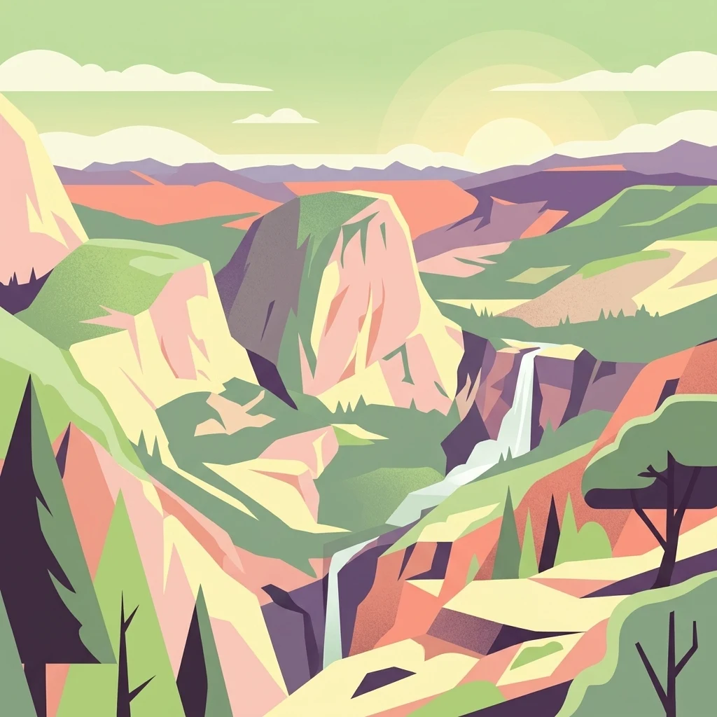 A flat-style digital illustration depicting a mountainous landscape with a prominent granite dome, waterfalls, and pine trees.
