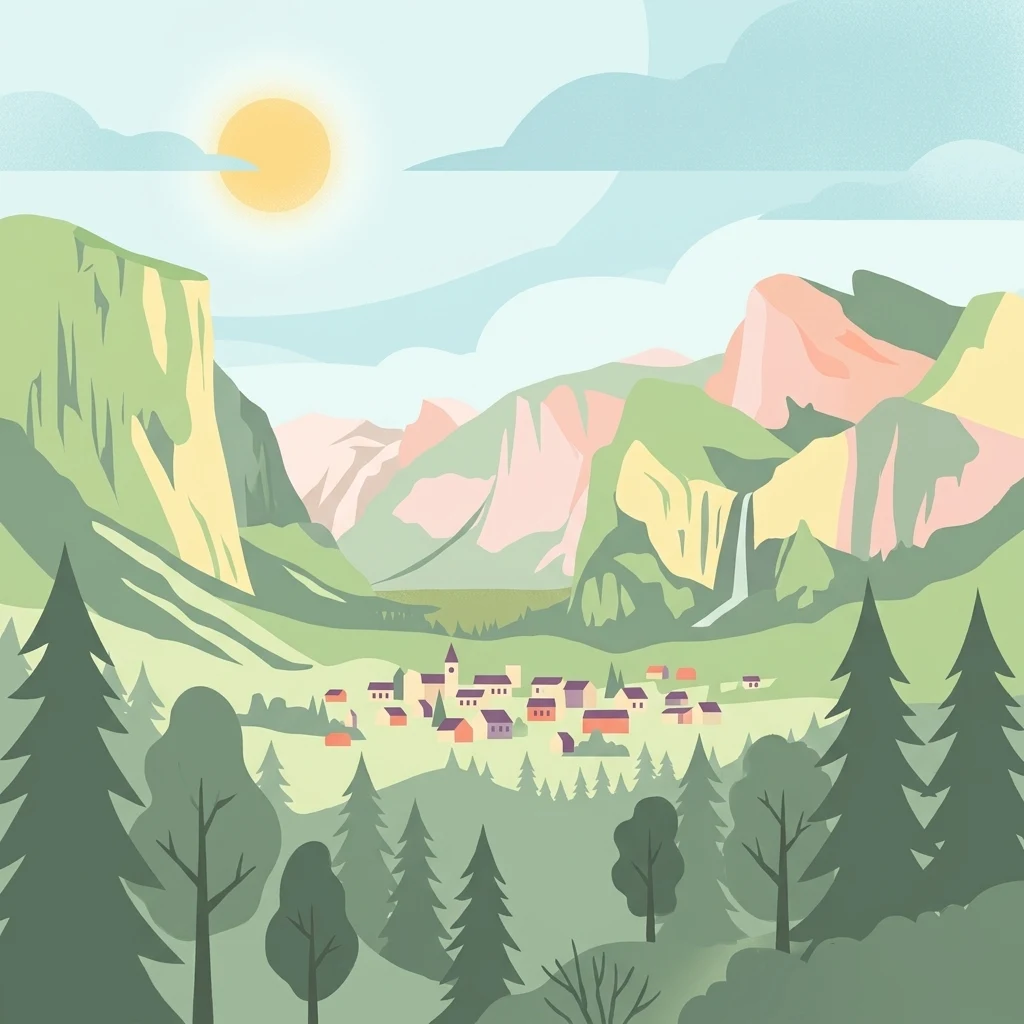 Digital vector illustration of a valley town with a church and houses, surrounded by green mountains and evergreen forests, under a bright sun.