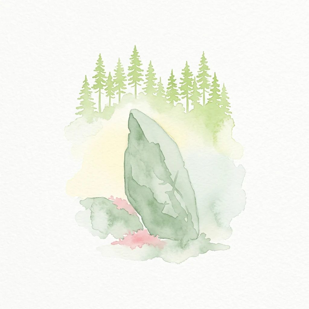 Watercolor illustration showing a large rock surrounded by pine trees and a forest landscape