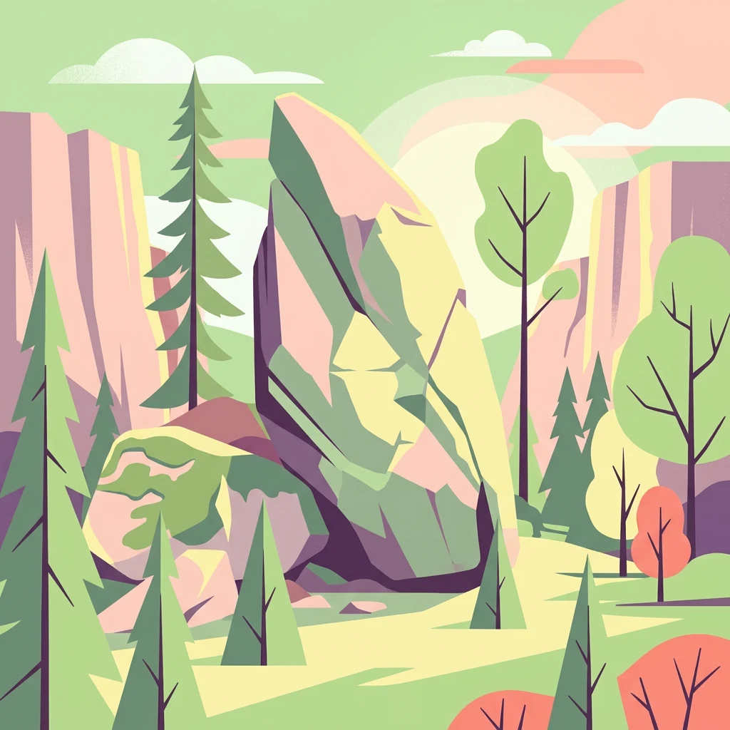Ilustración colorida de una escena forestal con una gran formación rocosa, pinos y árboles de hoja caduca dispersos bajo un cielo claro