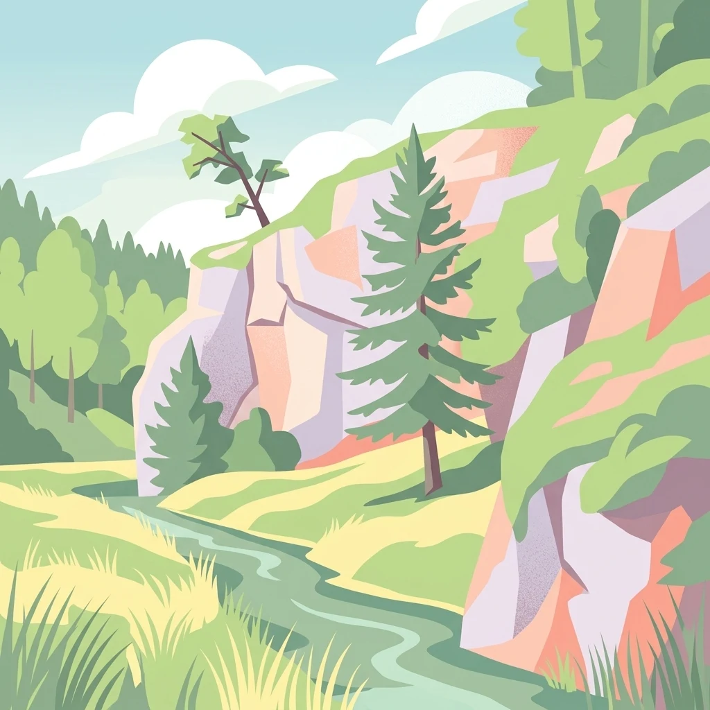 A graphic illustration depicting a valley with a winding river flowing past rocky cliffs and coniferous trees under a sky with light clouds.