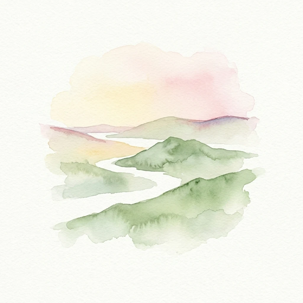 Pintura de acuarela que muestra colinas verdes, un río serpenteante y un cielo de tonos rosados
