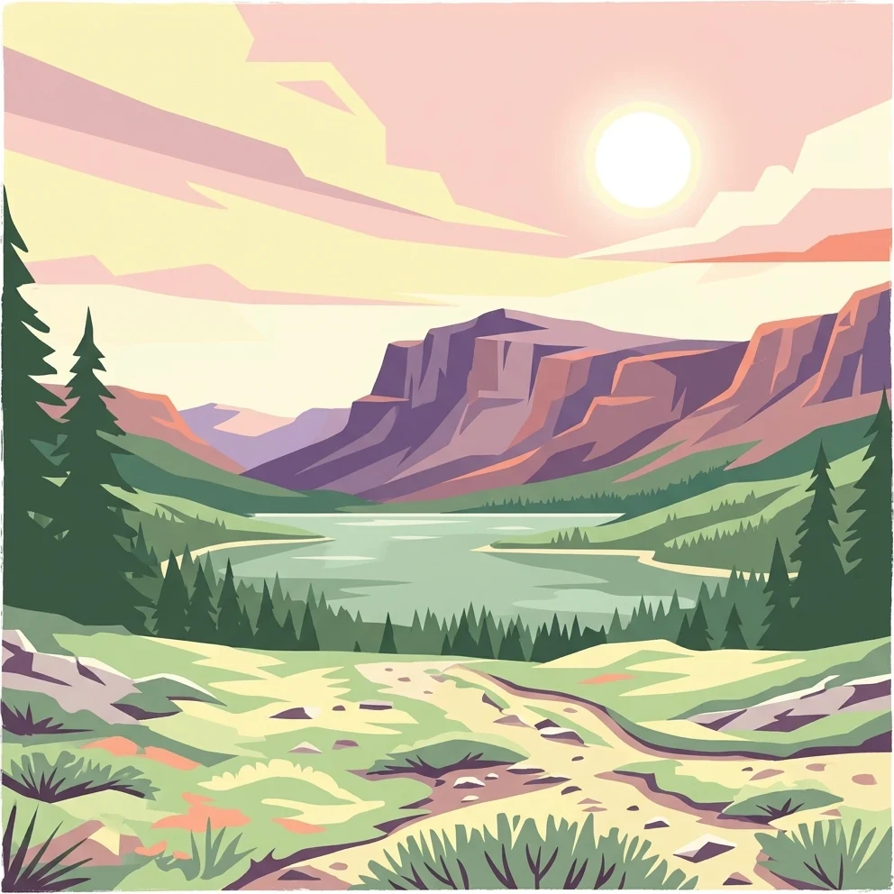 Illustration of a mountainous landscape with a lake, forest, and winding path under a colorful sunset sky