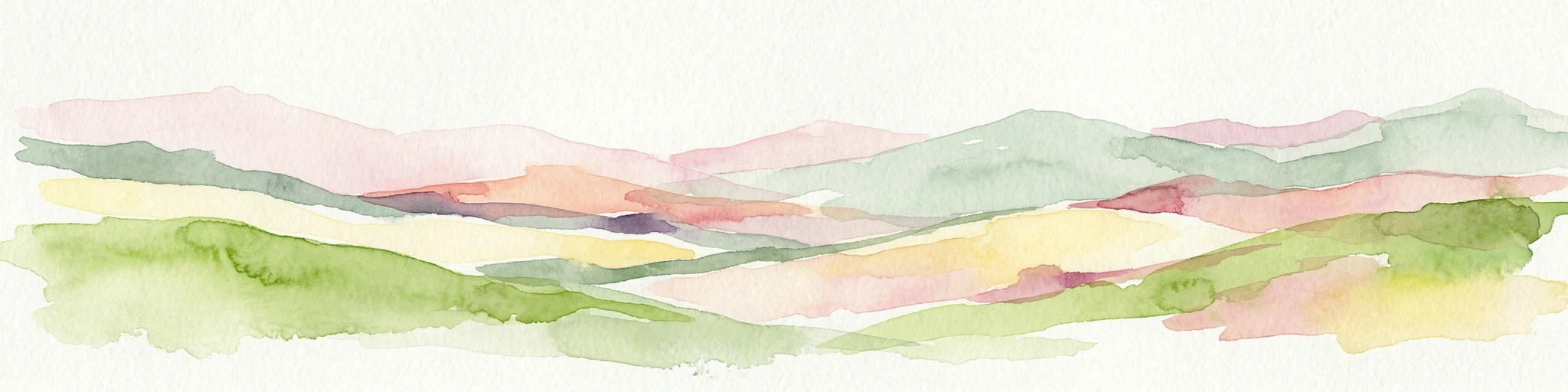 Ilustración en acuarela de colinas onduladas con colores pastel suaves, incluyendo rosa, verde, amarillo y azul