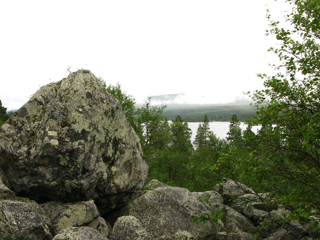 Large moss-covered rock formation in foreground with dense forest and lake visible in background under overcast sky