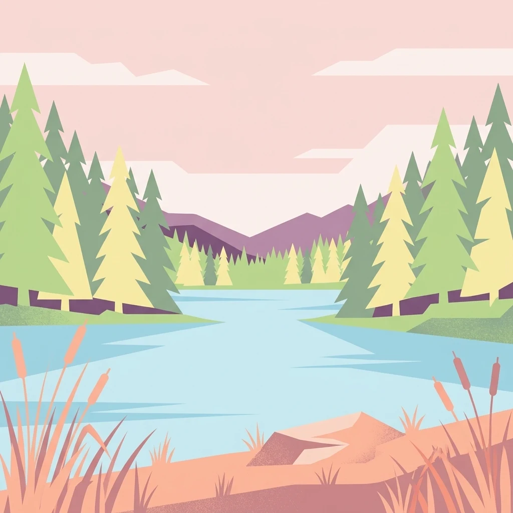 Una ilustración vectorial de estilo plano que representa un lago tranquilo rodeado de un bosque de pinos con montañas al fondo bajo un cielo pálido.