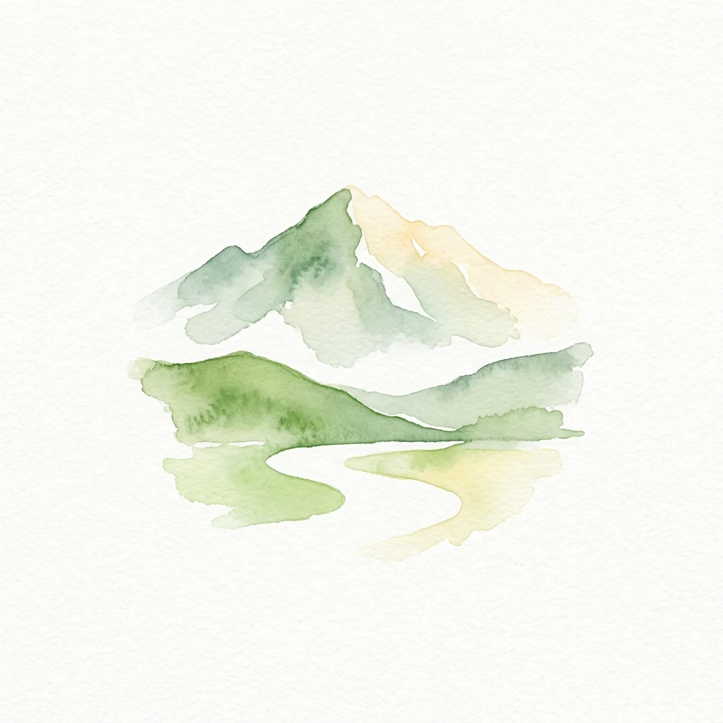 Pintura de acuarela de un paisaje montañoso con tonos verdes y amarillos reflejándose en una masa de agua