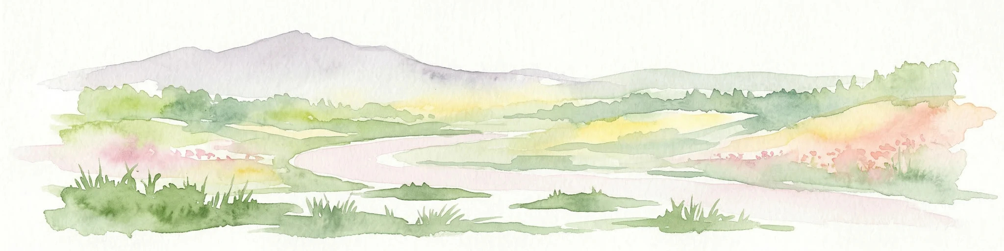 Pintura de acuarela que muestra montañas, un río y vegetación