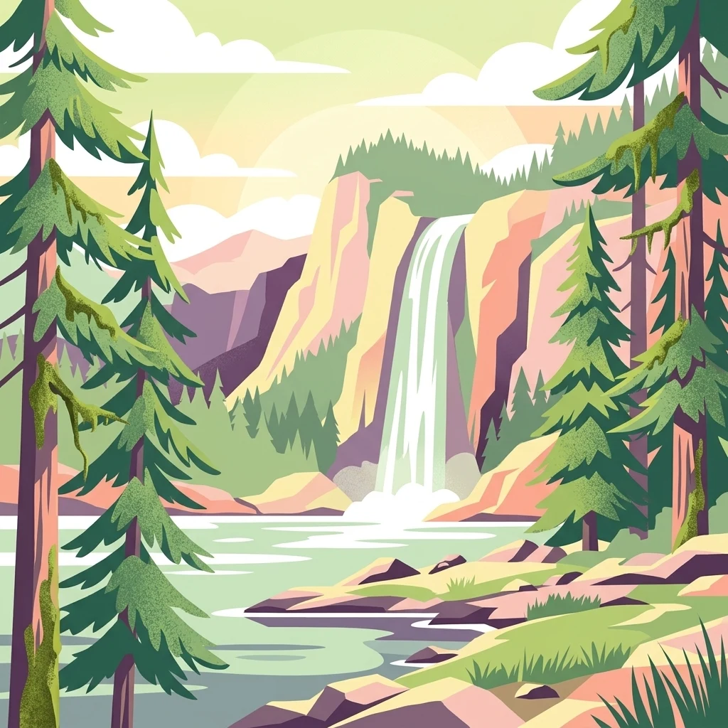 An illustration in a flat, vector-art style showing a waterfall flowing down a rocky cliff into a lake, framed by tall evergreen trees in the foreground.