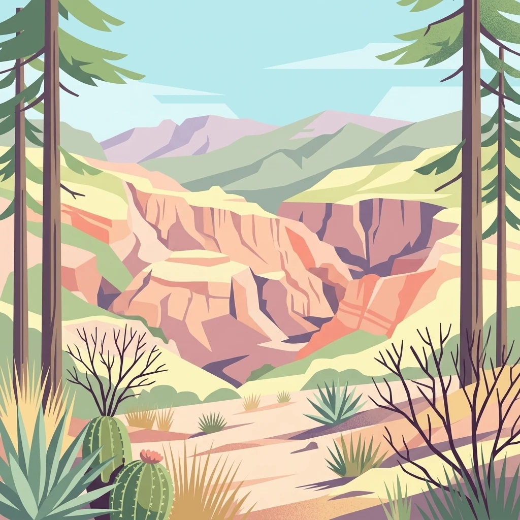Una ilustración plana y estilizada de un paisaje de cañón desértico con cactus en primer plano, enmarcado por altos pinos, y montañas al fondo bajo un cielo azul pálido.