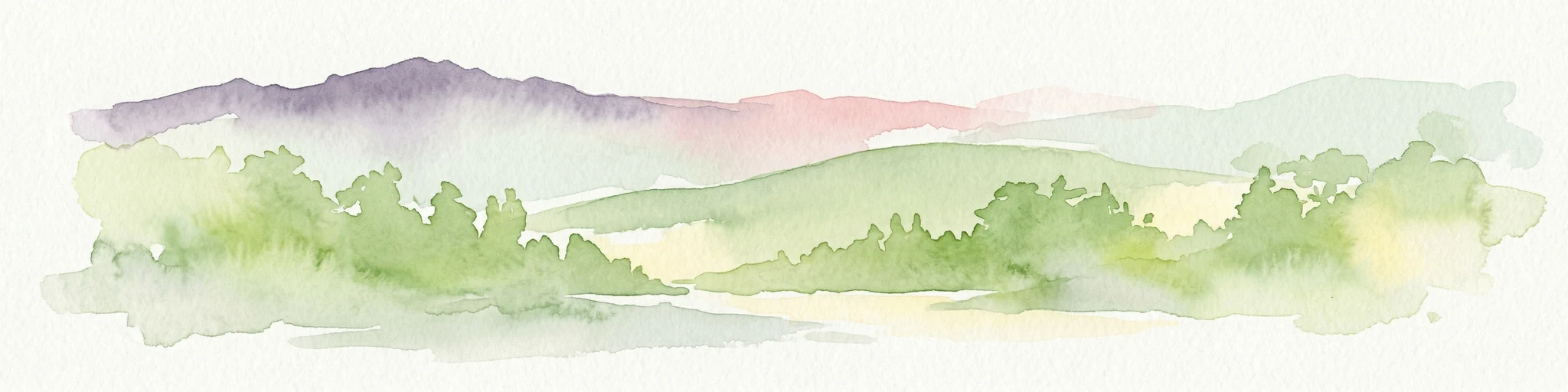 Pintura de acuarela que muestra un paisaje con colinas, bosque y río