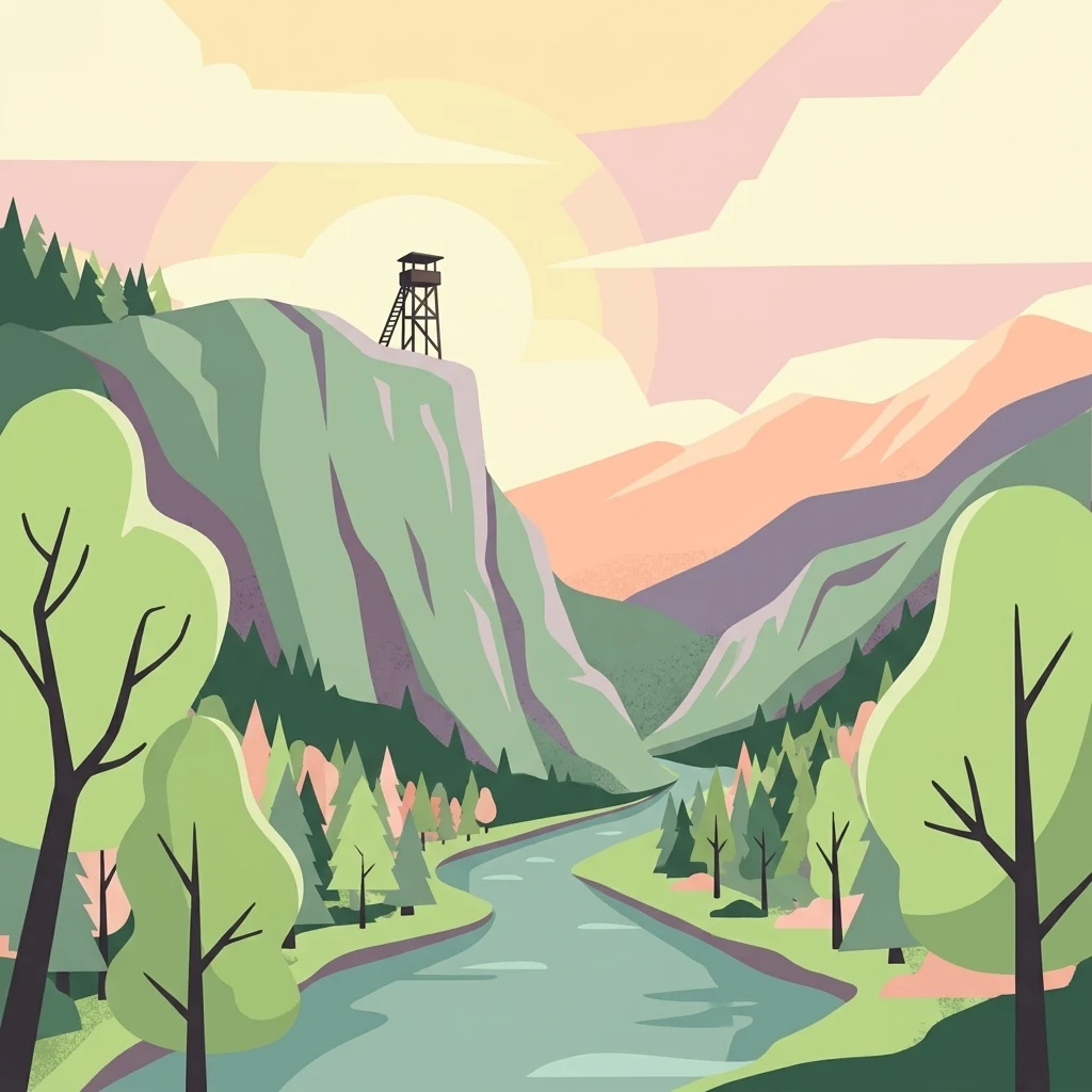 Digital illustration of a scenic valley with a river, surrounding forests, and a lookout tower on a high cliff under a soft sun.