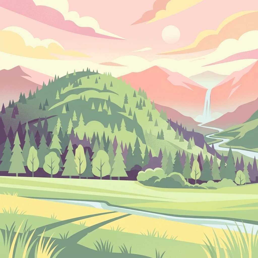 Una ilustración vectorial plana y estilizada de un valle de montaña con un bosque de pinos en una colina, una cascada al fondo y un río que fluye a través de una pradera herbosa.