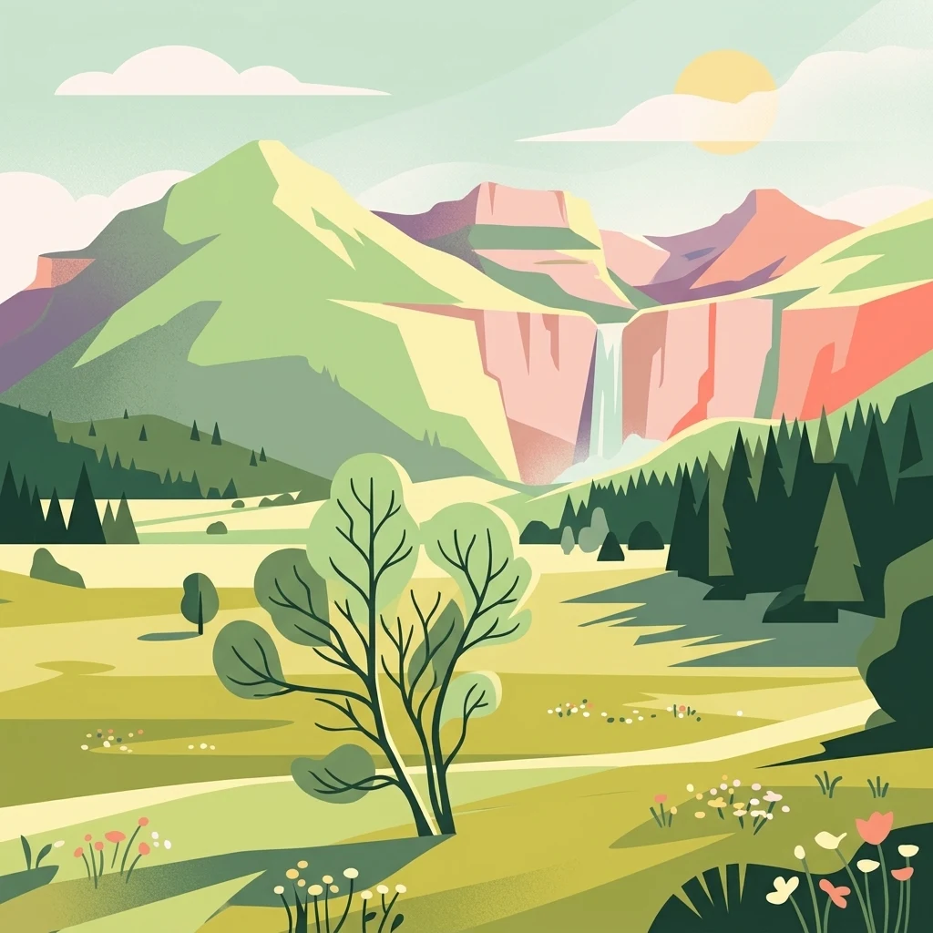 A flat style digital illustration of a mountain valley with a waterfall cascading from a cliff, a meadow in the foreground, pine trees, and a sunlit sky.