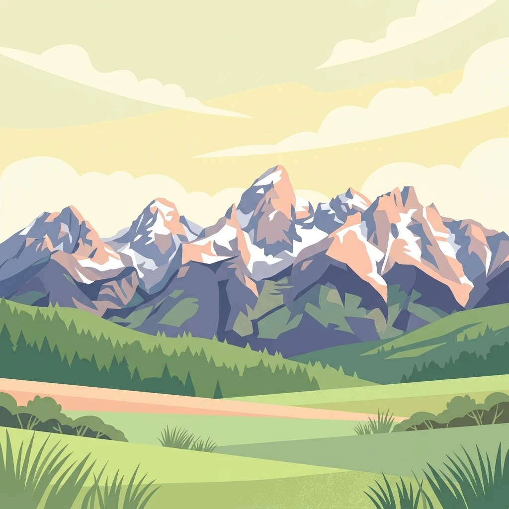 A flat-style digital illustration showing a foreground of rolling green grassy meadows, a middle ground of dense forest, and a jagged, snow-capped mountain range in the background under a pale yellow sky.