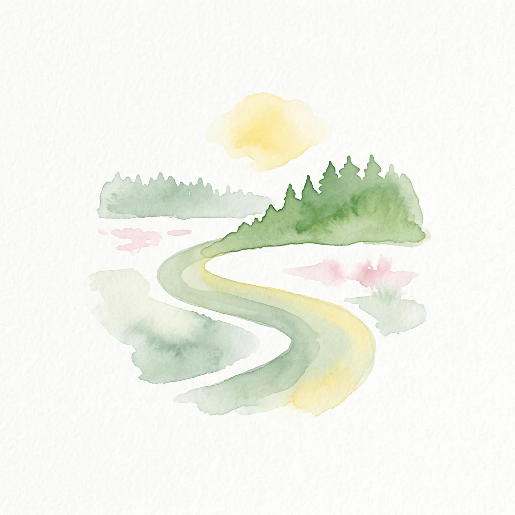 Watercolor illustration of a winding path through a forested landscape with a sun in the sky