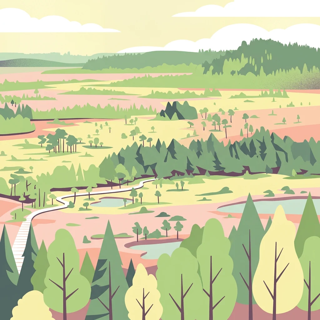 Ilustración estilizada de un ecosistema de turbera elevada con bosques, estanques y senderos