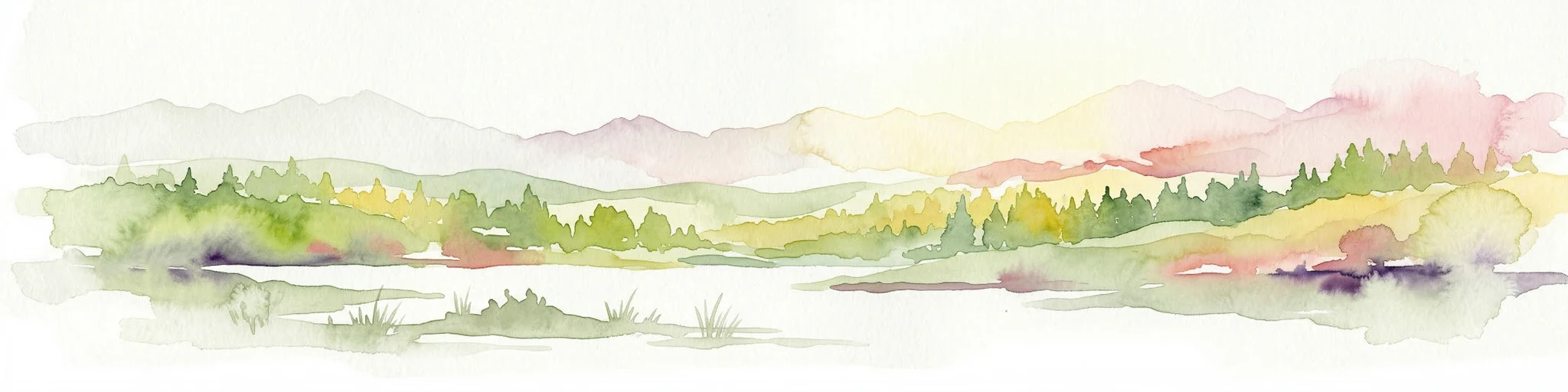 Ilustración en acuarela de un paisaje con una masa de agua, árboles y montañas distantes