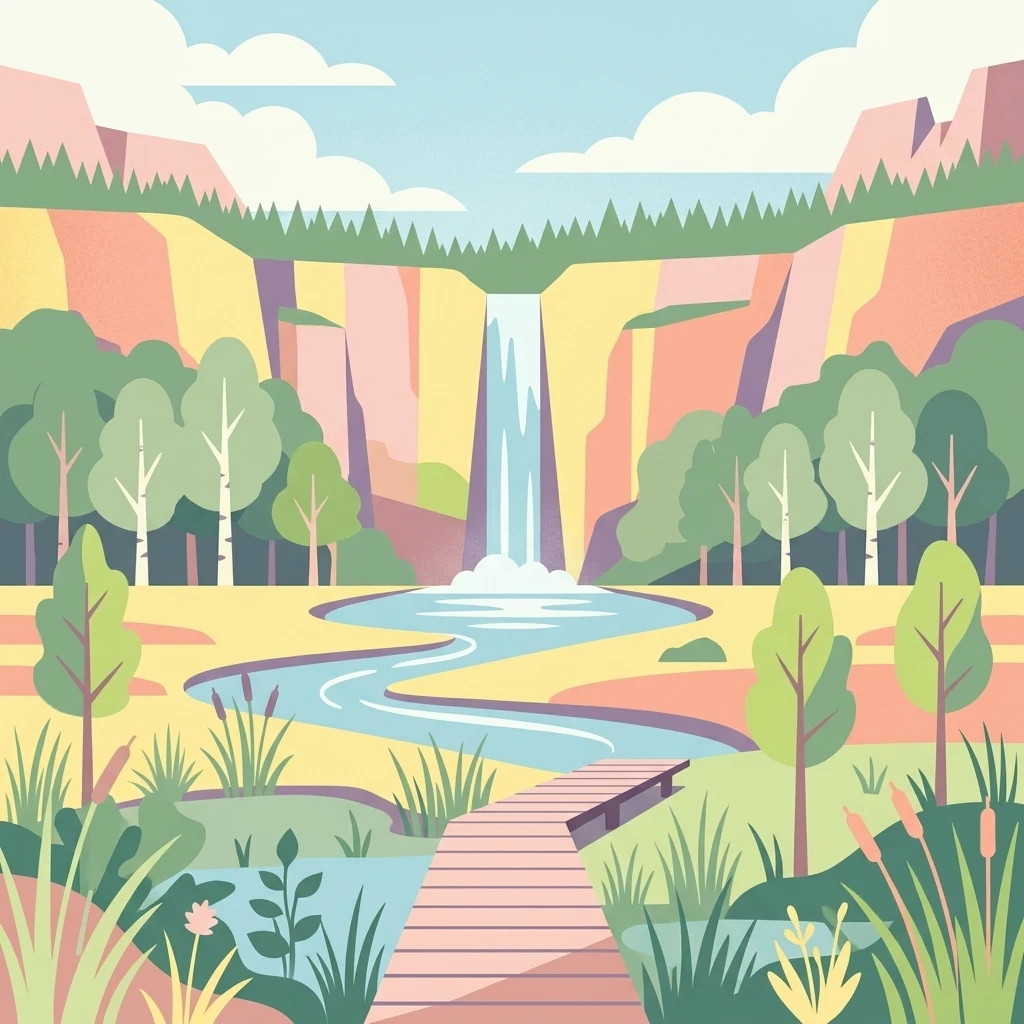 A flat-design, colorful illustration of a park scene featuring a wooden boardwalk leading toward a small river, a waterfall in the background, surrounded by trees, cliffs, and wetland reeds.