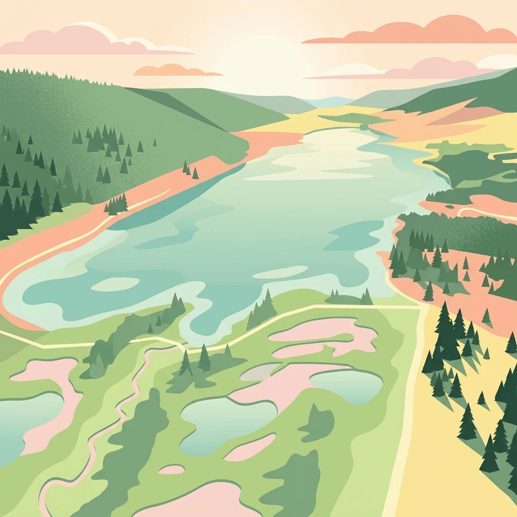 A flat-style digital illustration of a mountain landscape with a large lake and surrounding peat bogs, evergreen forests, and gently rolling hills under a soft sunset.
