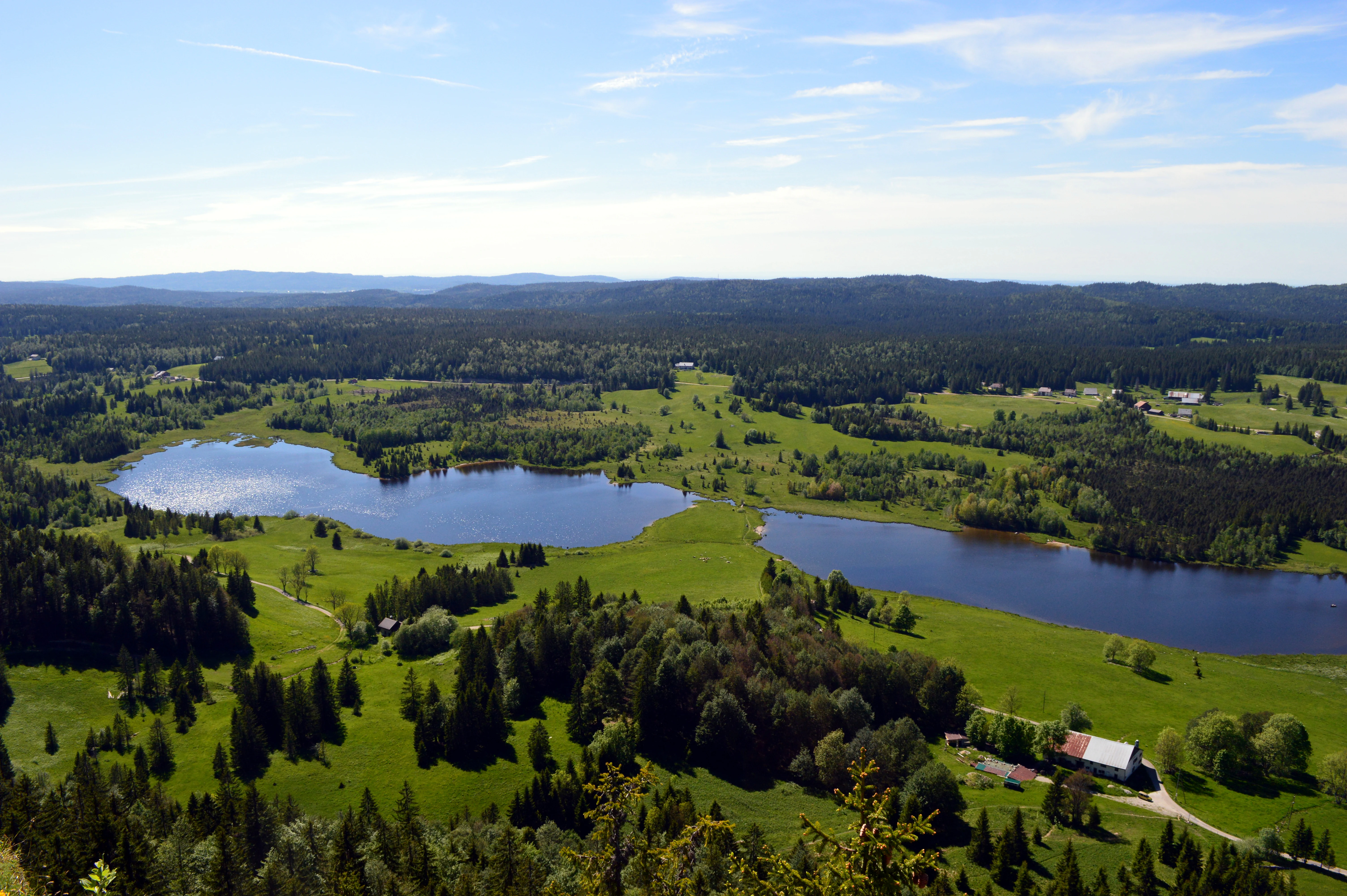 Vista panorámica en ángulo alto desde un mirador sobre dos lagos azul oscuro rodeados de prados verdes y densos bosques de coníferas en el macizo del Jura.