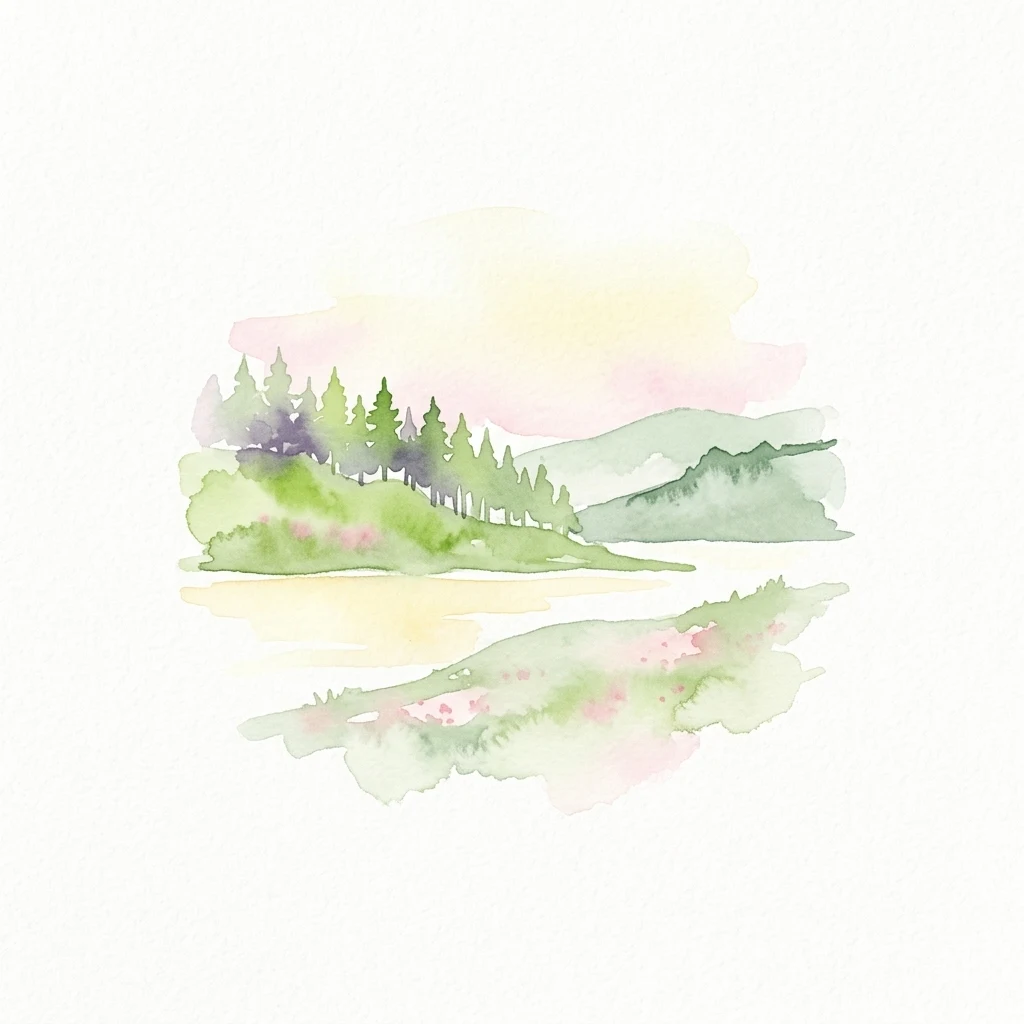 Watercolor painting depicting a lake with green hills and trees