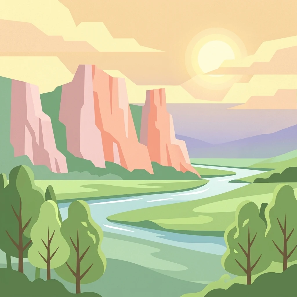 Digital illustration of a river winding through a valley with pink rock cliffs, green trees, and a setting sun under a cloudy sky