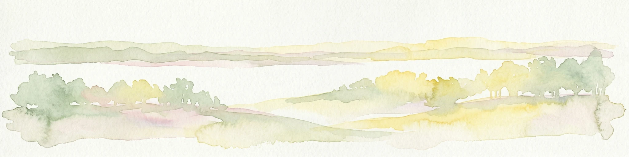 Ilustración en acuarela que muestra colinas onduladas, árboles dispersos y montañas distantes en un paisaje natural.