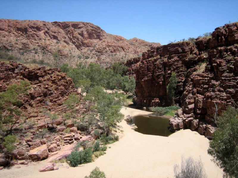 A wide view of a sandy creek bed and a small, dark, still waterhole surrounded by steep red rock cliffs and sparse trees under a clear blue sky at Trephina Gorge.
