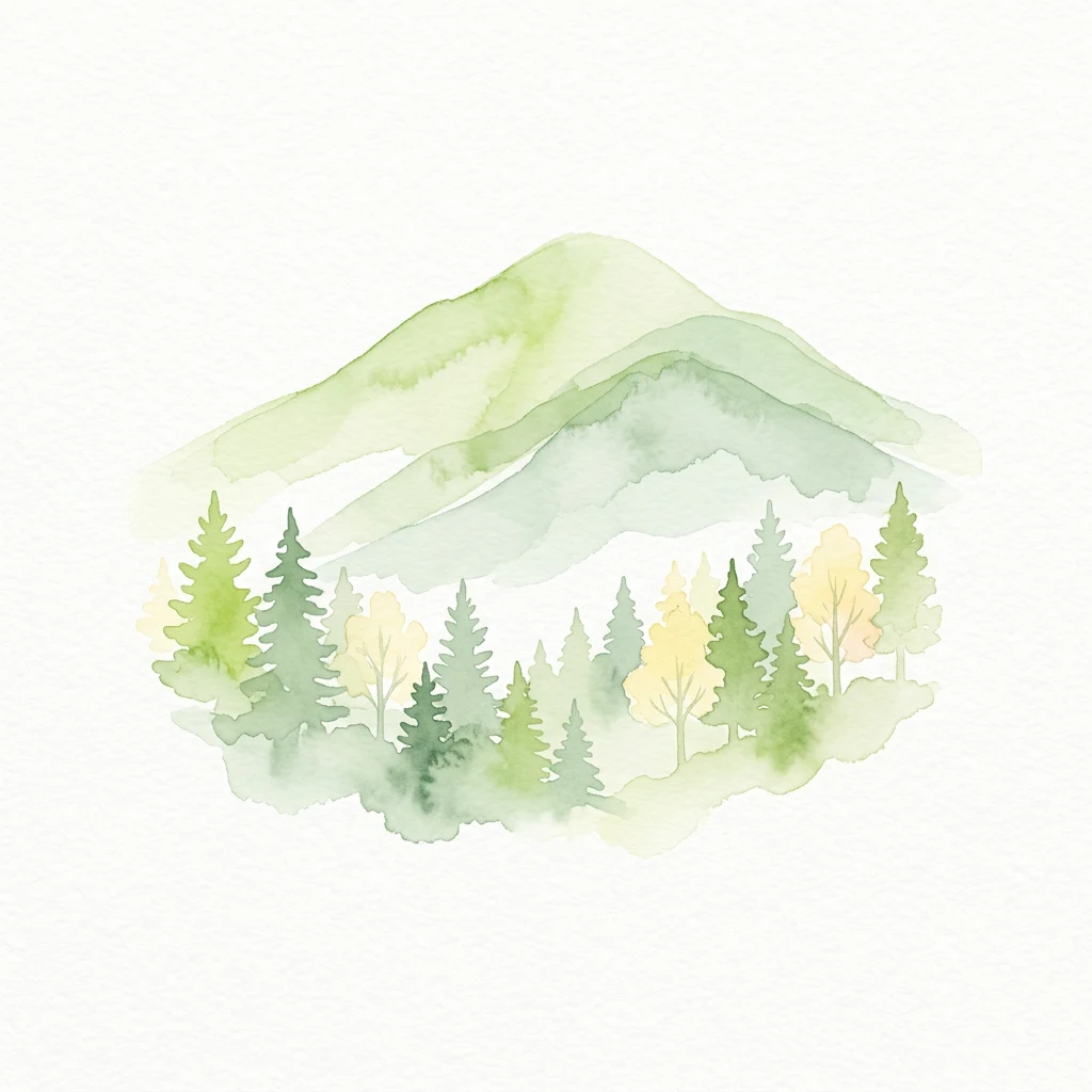 Watercolor illustration of a mountain with a forest in the foreground