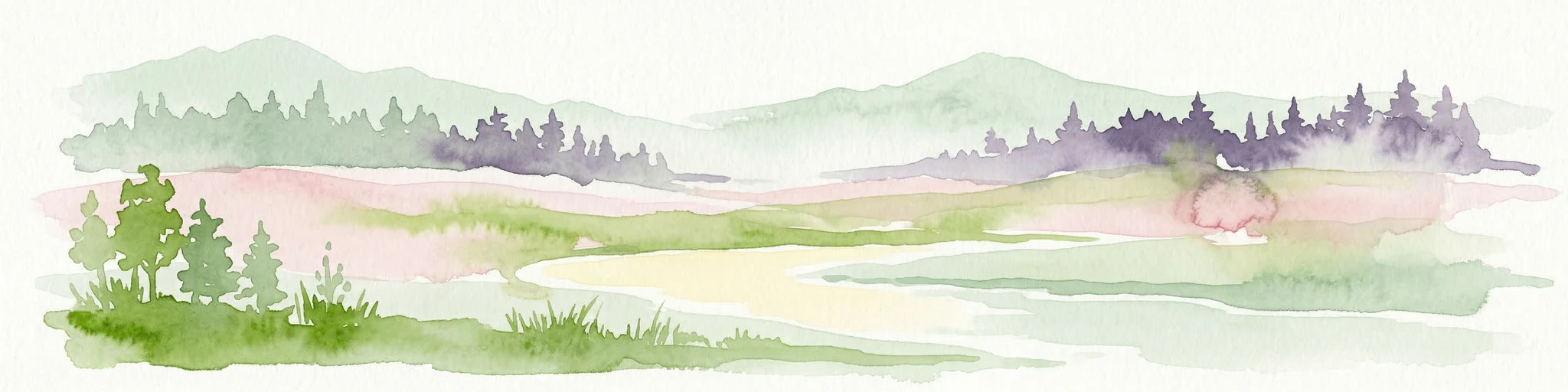 Ilustración en acuarela de un río, una zona boscosa y montañas