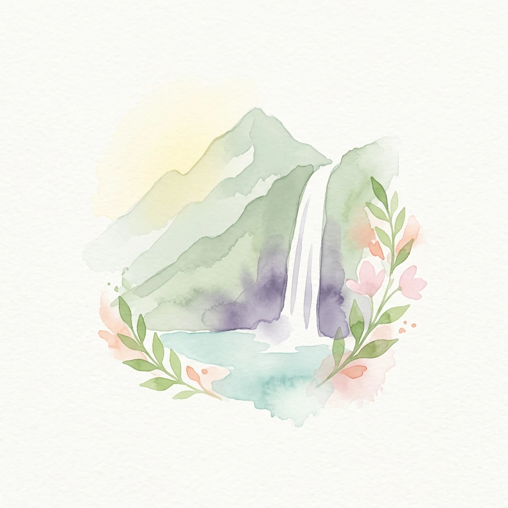 Watercolor illustration of a waterfall cascading from a mountain, surrounded by green foliage and pink flowers