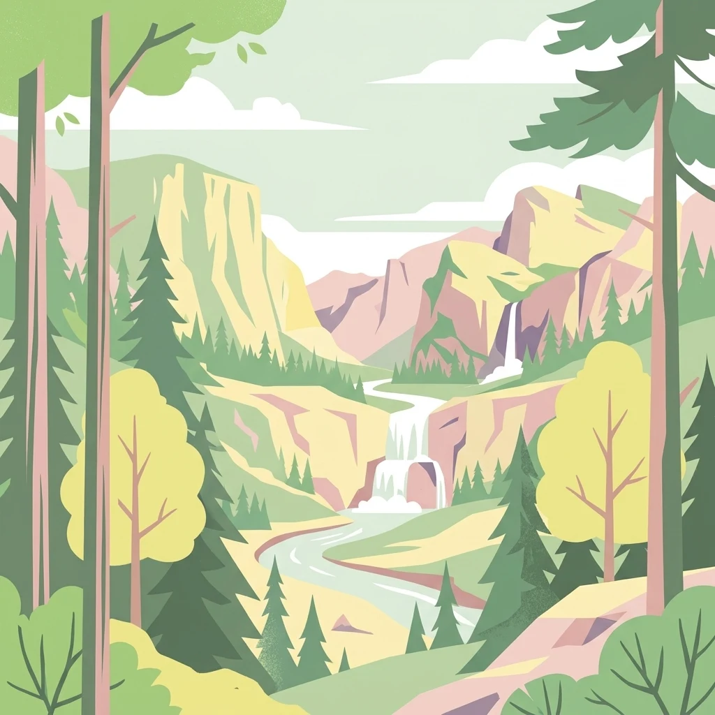 A flat-style digital illustration of a valley landscape featuring coniferous trees, rugged cliff faces, two tiers of waterfalls, and a winding river.