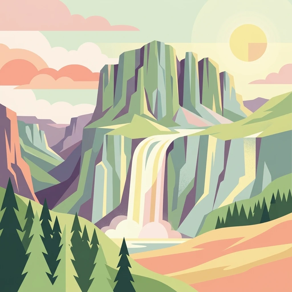 Una ilustración gráfica de un acantilado alto y escarpado con una cascada que cae en picado hacia una poza; aparecen coníferas en primer plano y el sol brilla en la esquina superior.