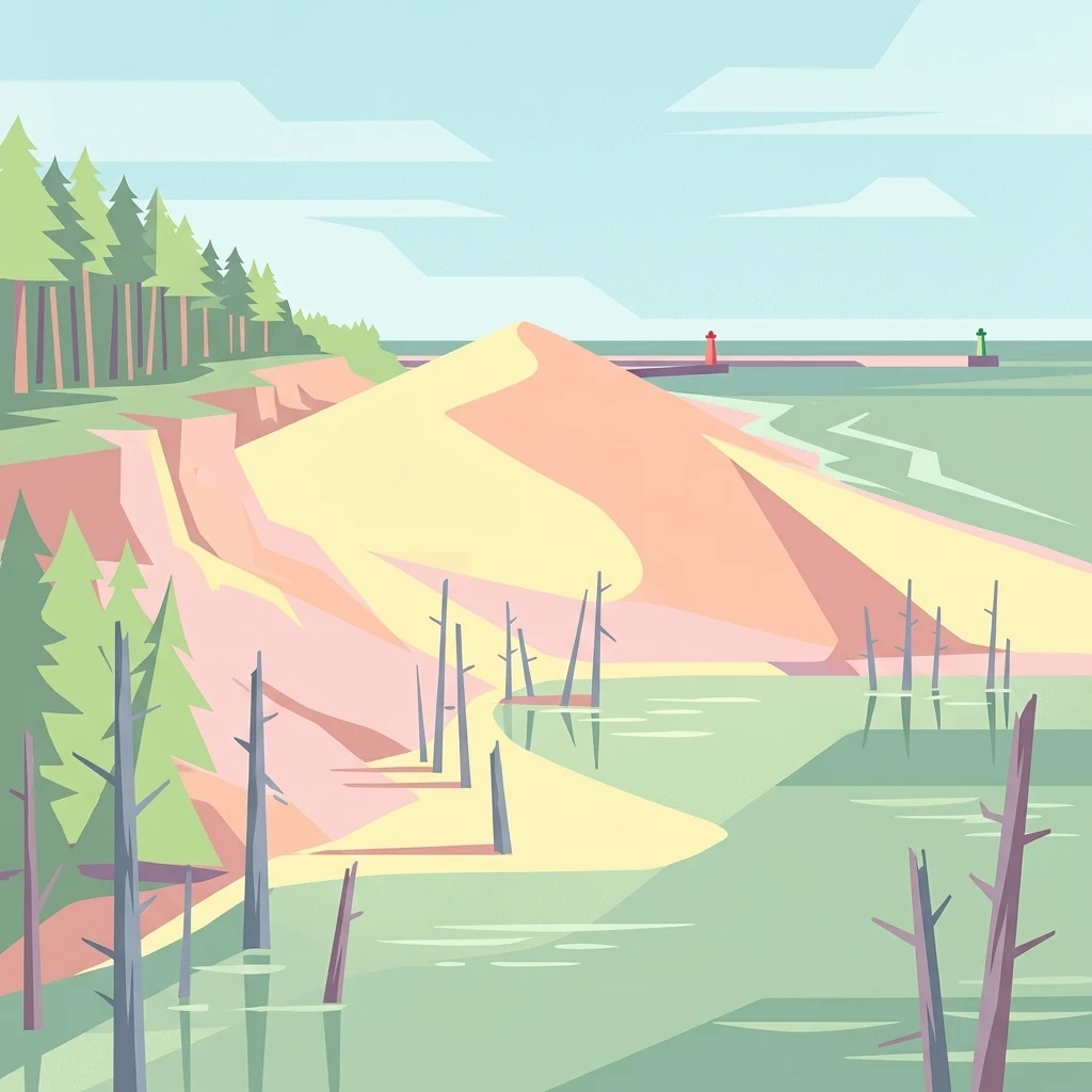 A flat vector-style digital illustration depicting a coastal landscape with sandy dunes, a forest edge, dead tree stumps in shallow water, and a distant breakwater with navigation beacons under a pale sky.