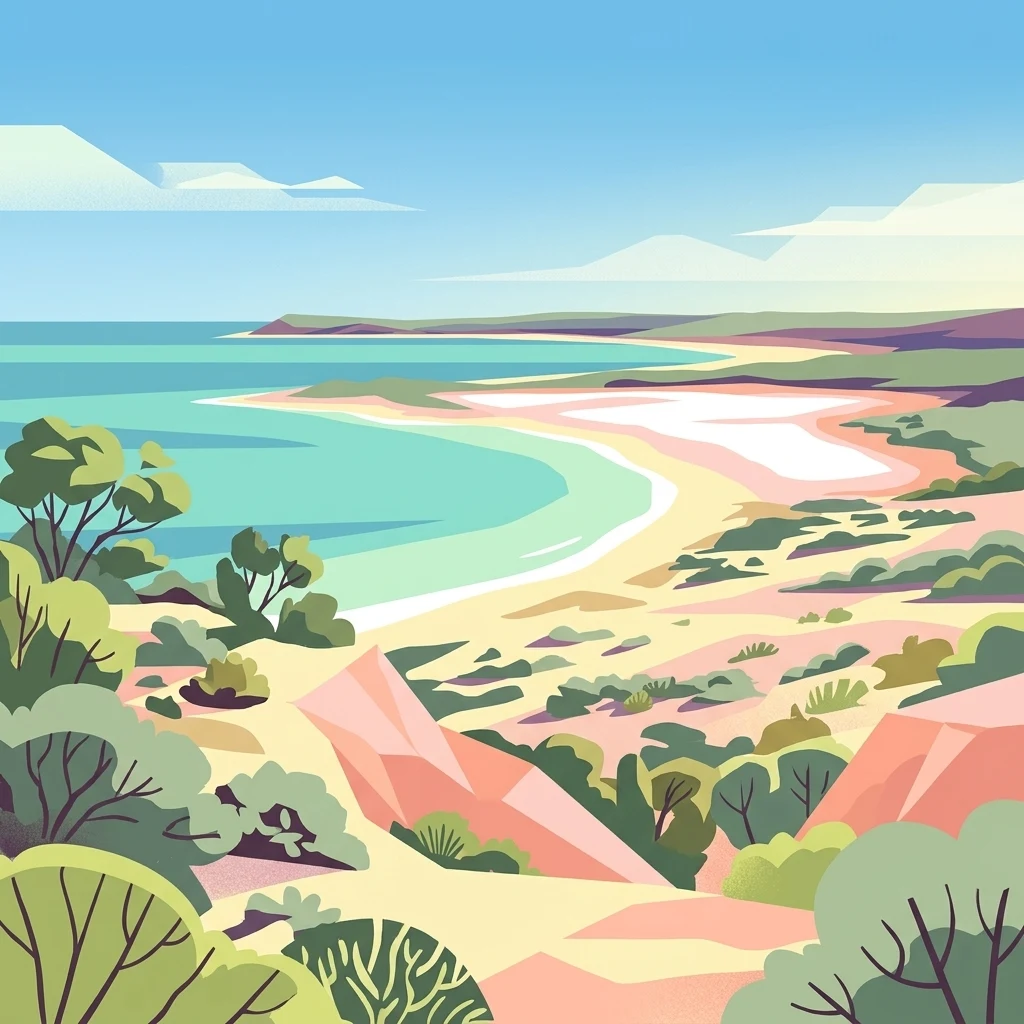 Digital illustration of a coastal landscape with turquoise water, sandy shores, and desert vegetation under a blue sky.