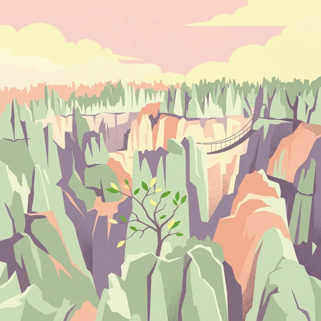 Una ilustración digital estilizada de un cañón de piedra caliza escarpado con un puente colgante que cruza el espacio entre formaciones rocosas.