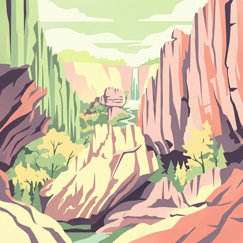 Una ilustración de estilo artístico gráfico que muestra un cañón profundo con paredes rocosas escarpadas y coloridas, vegetación exuberante y una pequeña cascada a lo lejos.