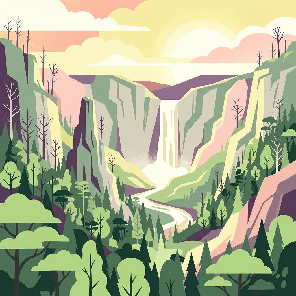 A digital illustration in a flat, geometric art style showing a waterfall flowing down a rocky cliffside into a river winding through a dense forest under a warm, pastel sky.