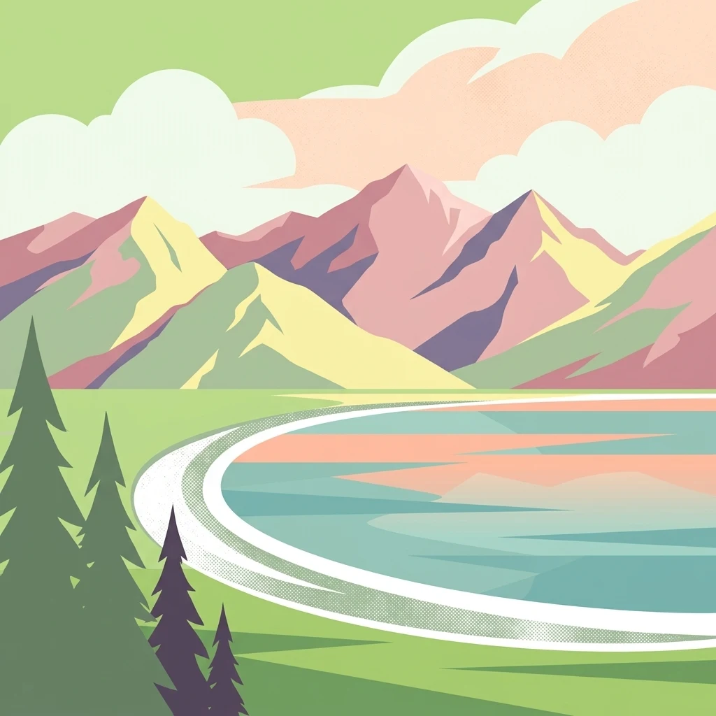 An artistic vector-style illustration of a calm body of water in the foreground with layered mountain ranges in the background, framed by stylized pine trees on the left side under a pastel sky.