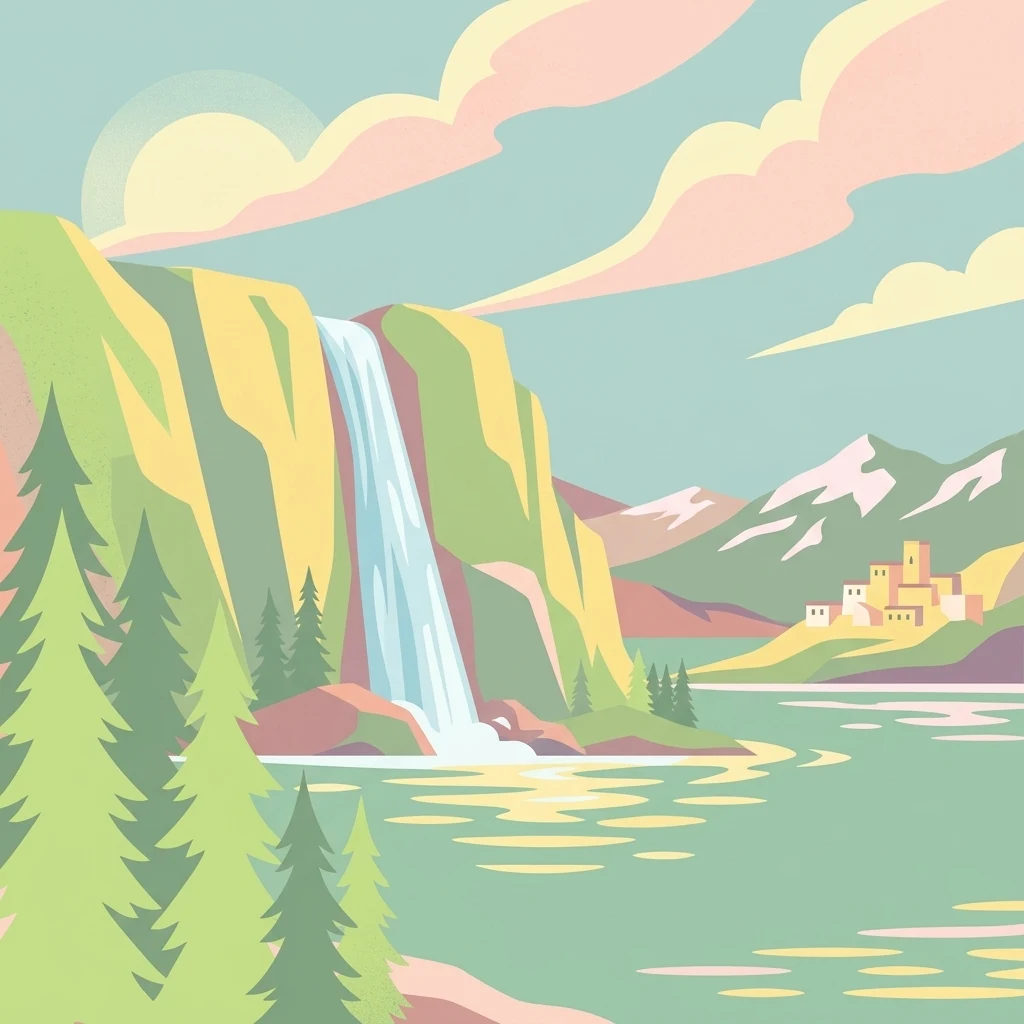 Una ilustración minimalista de estilo plano que muestra una cascada alta que cae en un gran lago, con árboles de hoja perenne en primer plano, picos montañosos al fondo y un pequeño grupo de edificios de piedra en la orilla.