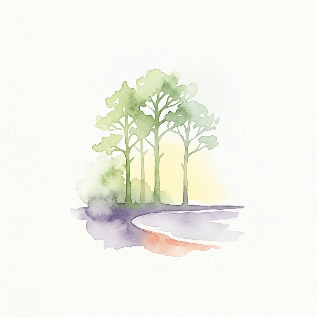 Pintura de acuarela de árboles verdes a lo largo de una costa curva con toques púrpuras y naranjas