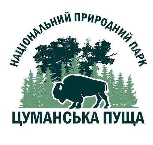 Emblem of Tsumanska Pushcha National Nature Park with Ukrainian text, bison silhouette, and forest background