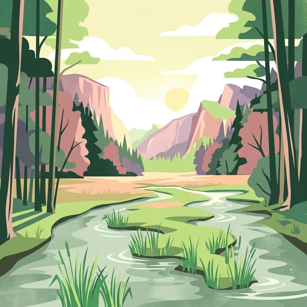 A flat-style digital illustration showing a meandering river winding through a valley framed by dense forest and pinkish cliffs under a golden sky.