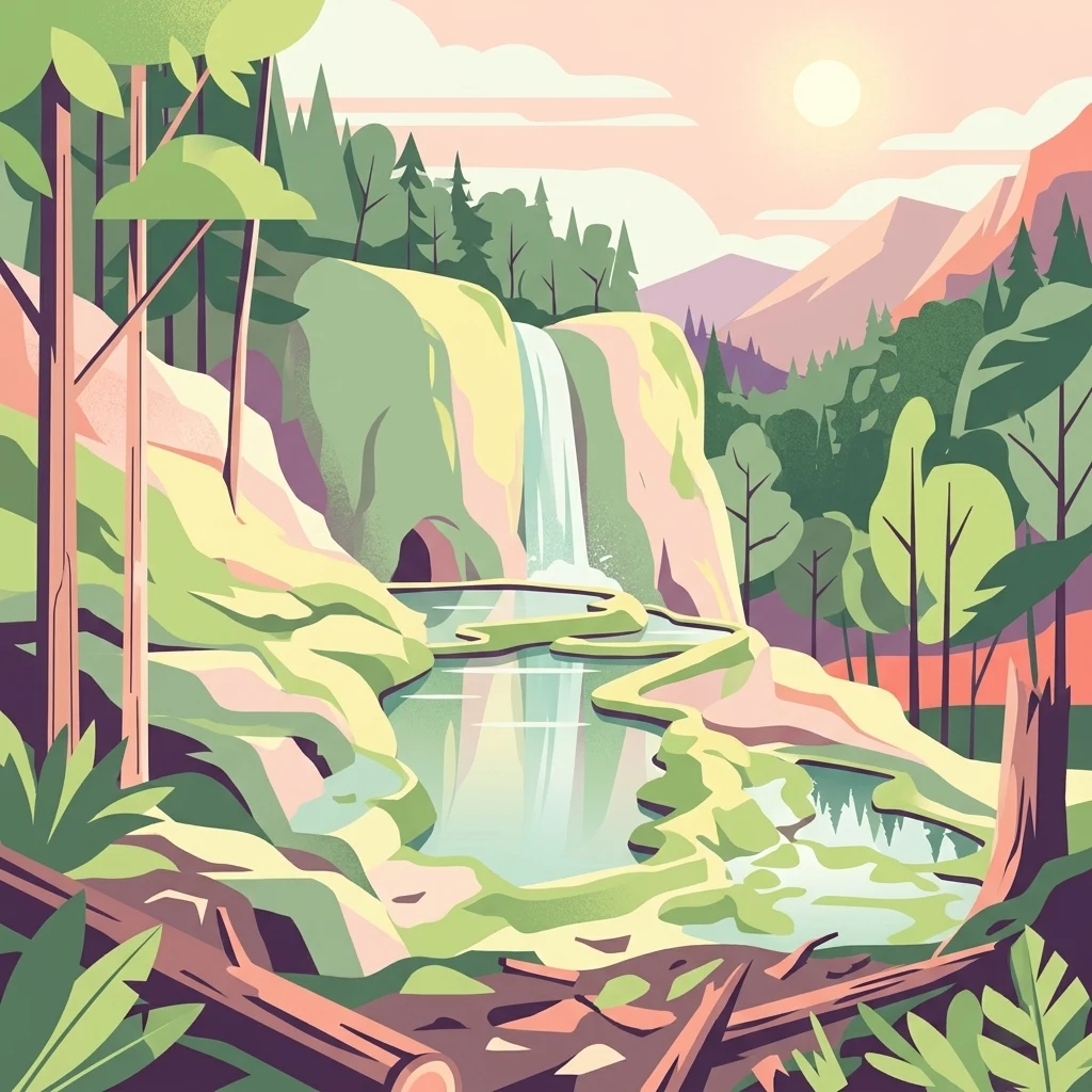 A stylized, flat-design digital illustration depicting a small waterfall flowing into a series of tiered, turquoise-colored travertine pools surrounded by lush greenery and a forest, under a soft pastel sky.