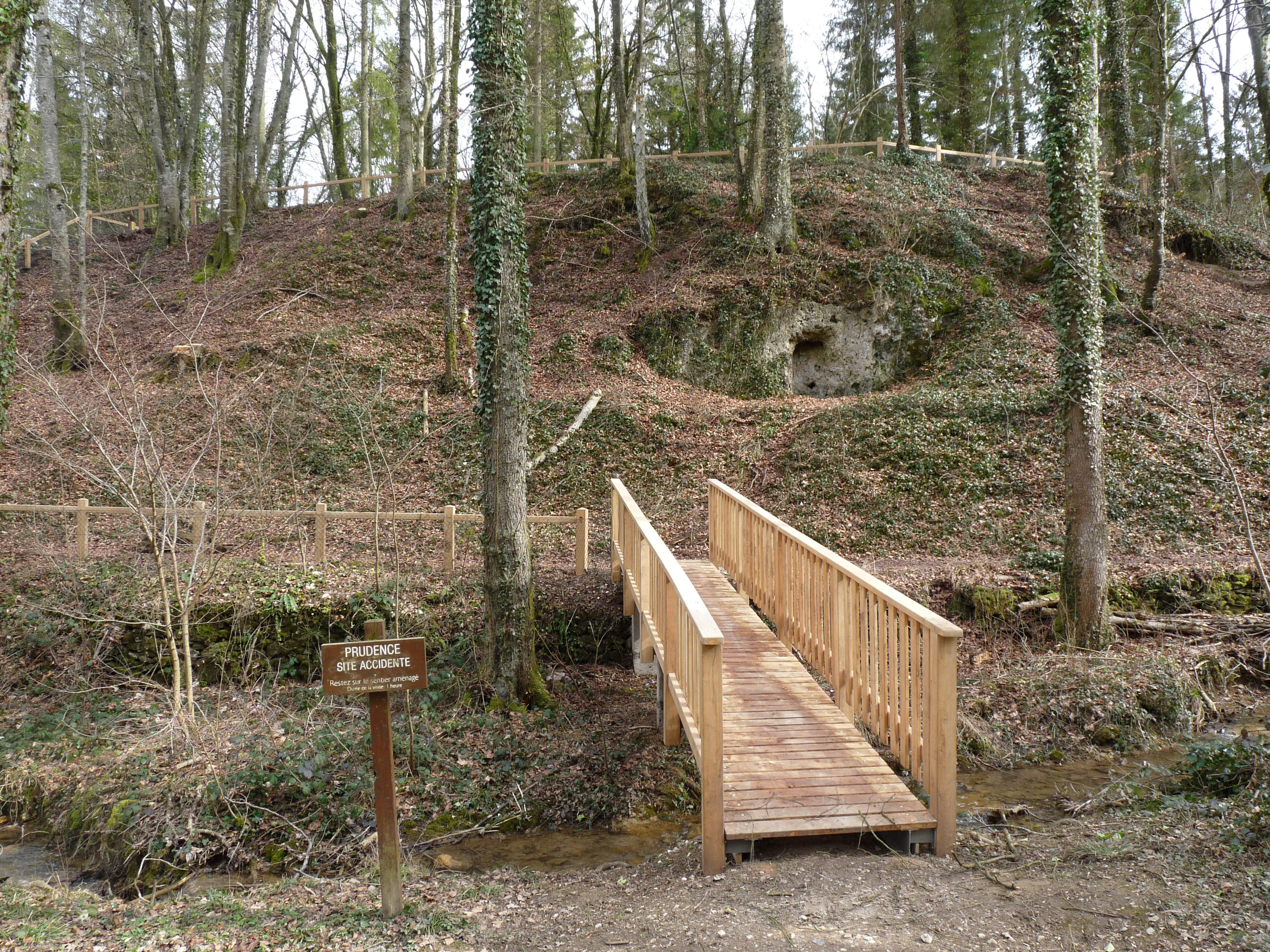 A wooden footbridge spans a small stream in a forest, with a wooden sign on the left near the path entrance.