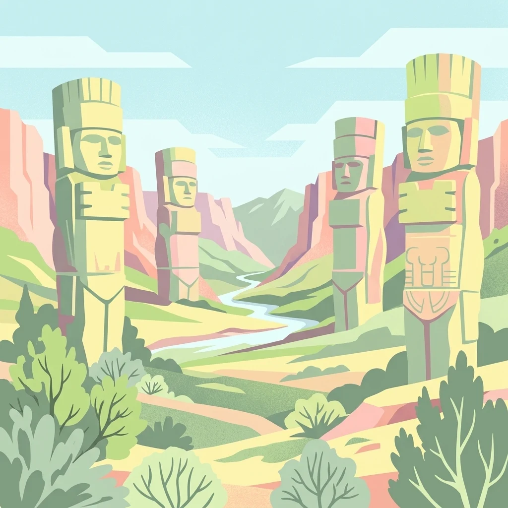 Stylized illustration showing four large stone statues in a valley landscape with a river, hills, and vegetation