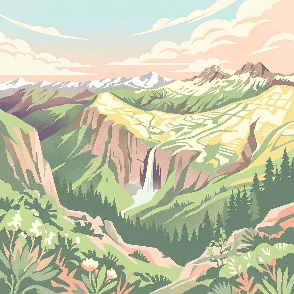 Illustration of a mountainous landscape with cliffs, valleys, forests, and a waterfall under a partly cloudy sky
