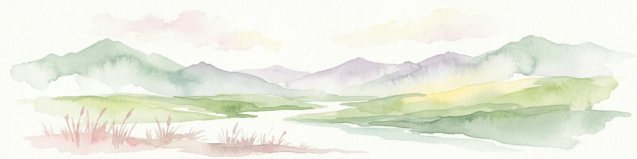 Ilustración de acuarela que muestra una cordillera con campos verdes, un río y colores pastel suaves