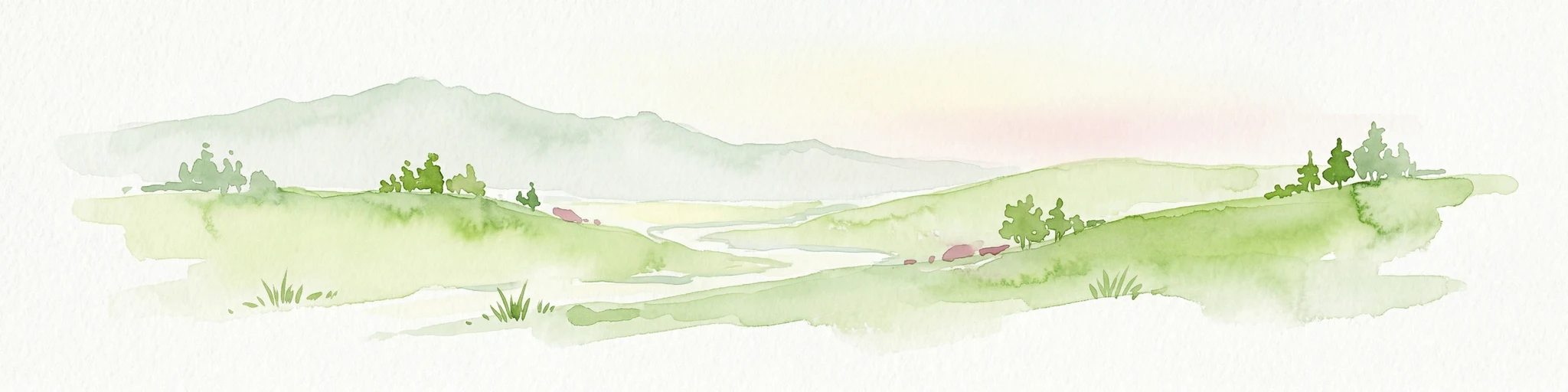 Pintura de acuarela de un paisaje montañoso con colinas verdes, valles y montañas distantes bajo un cielo pálido